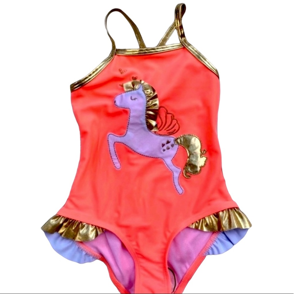Girls One Piece Horse & Ruffles Swimsuit Coral & Gold Toddler 2T